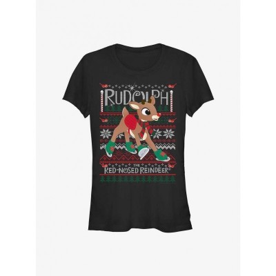 Rudolph Red Nose Reindeer Cute Ugly Christmas T-Shirt for Girls - Junior Sizes