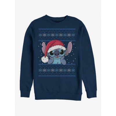 Disney Lilo & Stitch Men's Blue Santa Hat Crew Sweatshirt