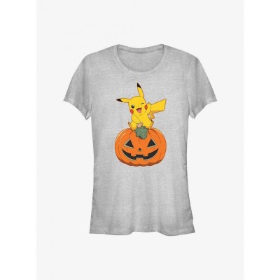Pokemon Pikachu Pumpkin Girls T-Shirt - Grey, Lightweight Comfortable Junior Size