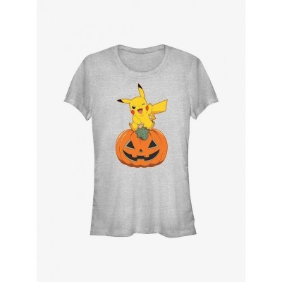 Pokemon Pikachu Pumpkin Girls T-Shirt - Grey, Lightweight Comfortable Junior Size